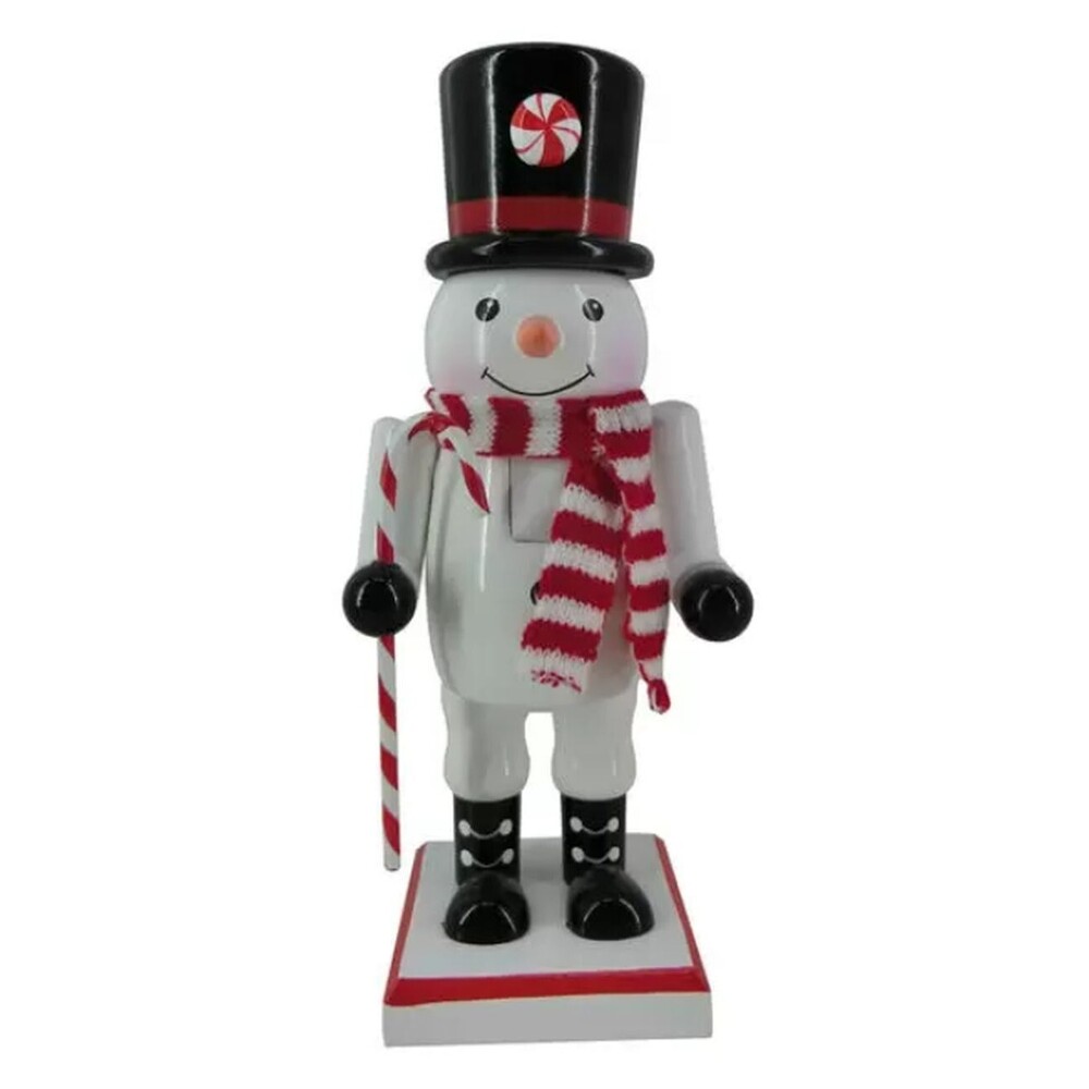 Wooden Christmas Nutcracker, 9.5" SNOWMAN IN RED & WHITE SCARF W/CANDY CANE, P&T